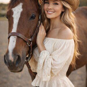Peasant Top in Ivory Georgette & Lace